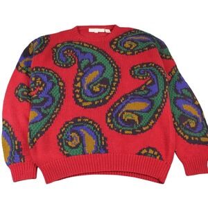 Vintage Perry Ellis Paisley Intarsia Cotton Sweater Red Womens M 90s Art Knit